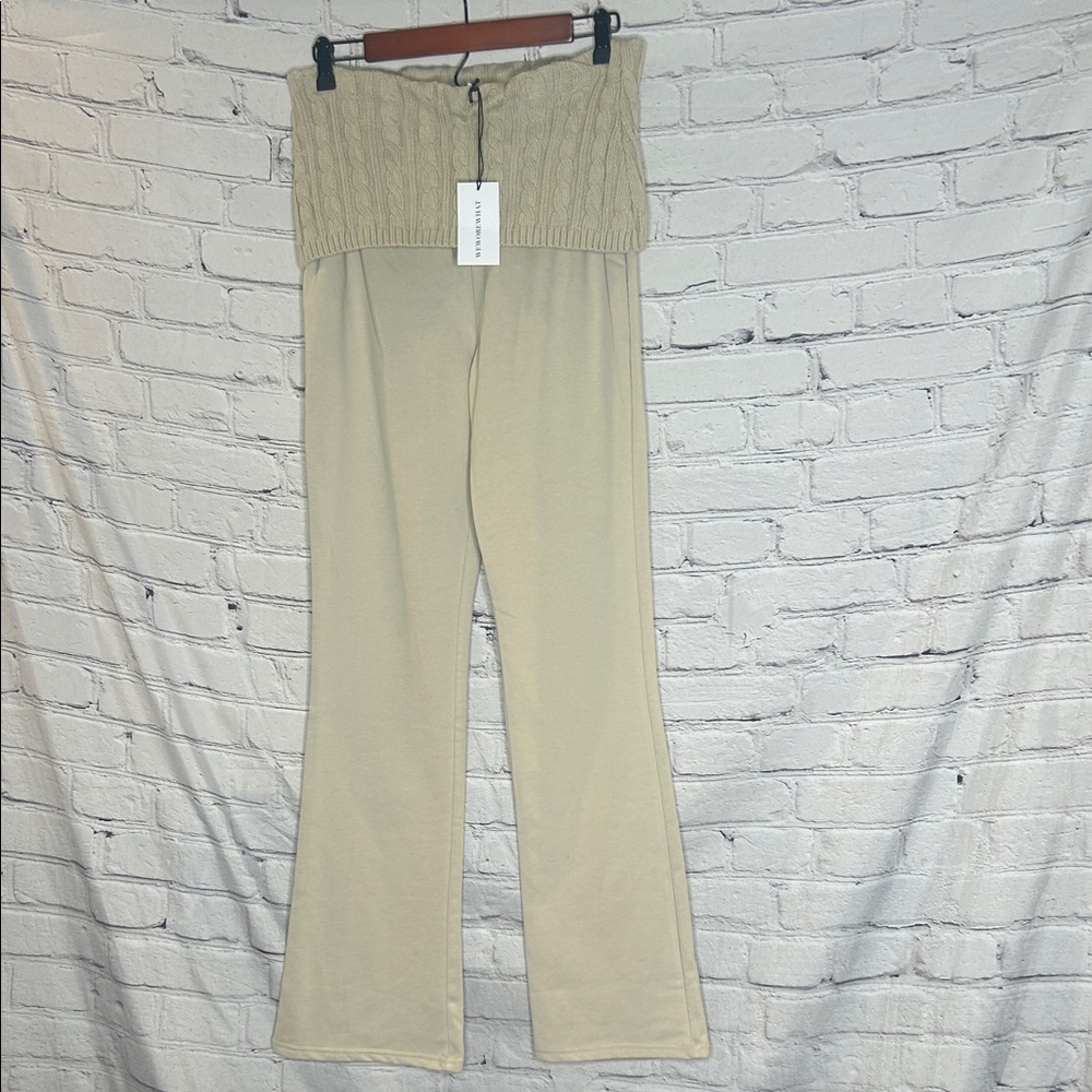 WeWoreWhat Khaki Cable Knit Rollover Waistband Pants Size Medium Brand New
